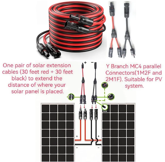 Alt view image 2 of 3 - 2pcs 30FT 10AWG Solar Panel Extension Cable, 6mm² Solar Extension Cable Wire with Female & Male Waterproof Connectors with Extra 2pcs mc4 y connectors Adaptor Kit for RV, Photovoltaic Systems