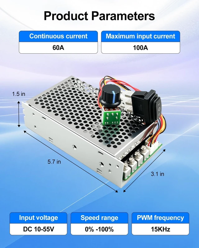 Alt view image 6 of 7 - DC Motor Speed Controller 10-55V 60A PWM with Forward-Brake-Reverse Switch