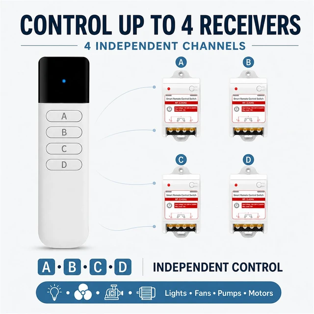 Alt view image 4 of 7 - Heavy-Duty Wireless Light Switch, 1000FT RF Range, 1 Switch, 4 Receivers