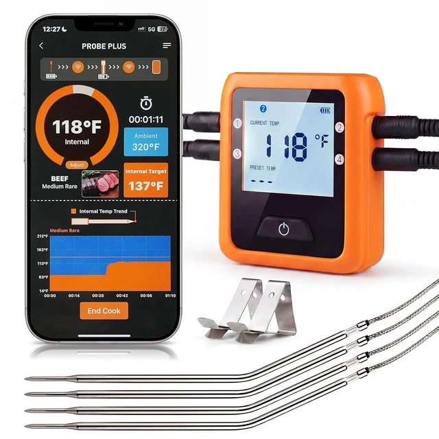 Main image of Wireless Digital Meat Thermometer for Grilling, BBQ, Oven & Smoking - 4 Probes, Bluetooth 330ft Range for Turkey, Fish & Beef