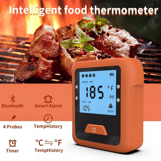 Alt view image 2 of 7 - Wireless Digital Meat Thermometer for Grilling, BBQ, Oven & Smoking - 4 Probes, Bluetooth 330ft Range for Turkey, Fish & Beef