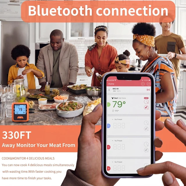 Alt view image 3 of 7 - Wireless Digital Meat Thermometer for Grilling, BBQ, Oven & Smoking - 4 Probes, Bluetooth 330ft Range for Turkey, Fish & Beef
