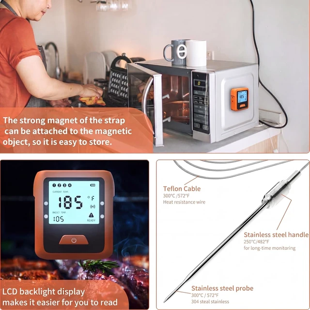 Alt view image 4 of 7 - Wireless Digital Meat Thermometer for Grilling, BBQ, Oven & Smoking - 4 Probes, Bluetooth 330ft Range for Turkey, Fish & Beef