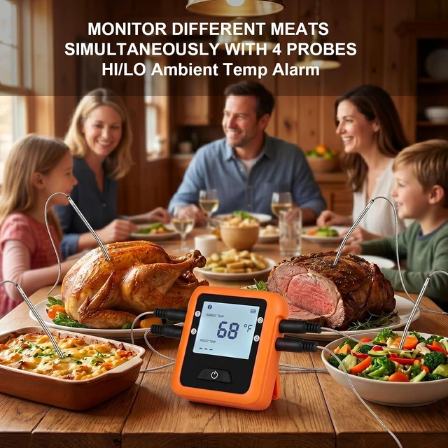Alt view image 5 of 7 - Wireless Digital Meat Thermometer for Grilling, BBQ, Oven & Smoking - 4 Probes, Bluetooth 330ft Range for Turkey, Fish & Beef
