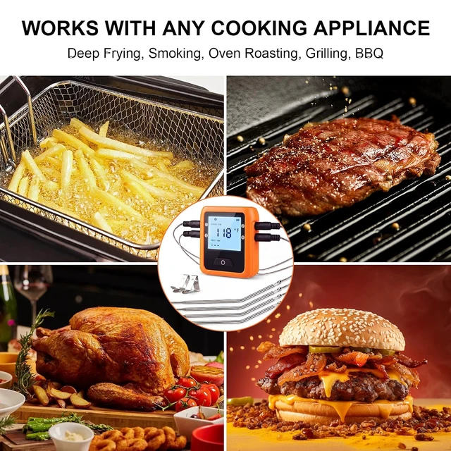 Alt view image 7 of 7 - Wireless Digital Meat Thermometer for Grilling, BBQ, Oven & Smoking - 4 Probes, Bluetooth 330ft Range for Turkey, Fish & Beef