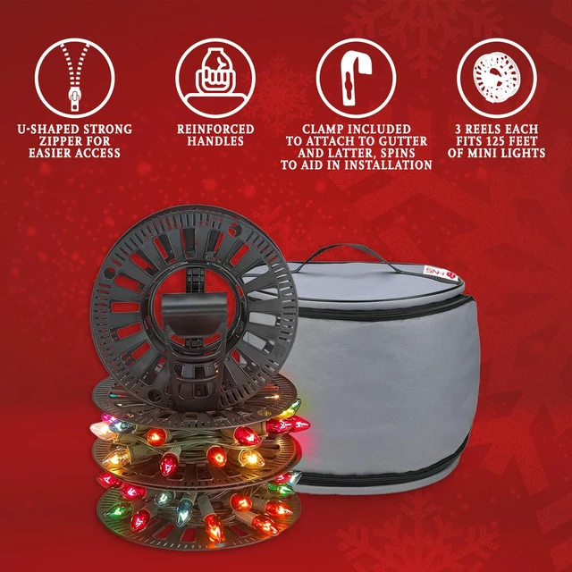 Alt view image 2 of 7 - Premium Christmas Light Storage Bag Heavy-Duty 600D Tear-Proof Material with Reinforced Handles Includes 3 Reels, Stores up to 375 Ft of Mini Lights & Extension Cords Grey with PVC Lining