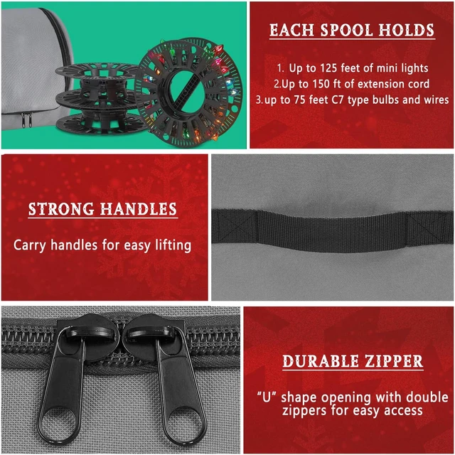 Alt view image 7 of 7 - Premium Christmas Light Storage Bag Heavy-Duty 600D Tear-Proof Material with Reinforced Handles Includes 3 Reels, Stores up to 375 Ft of Mini Lights & Extension Cords Grey with PVC Lining