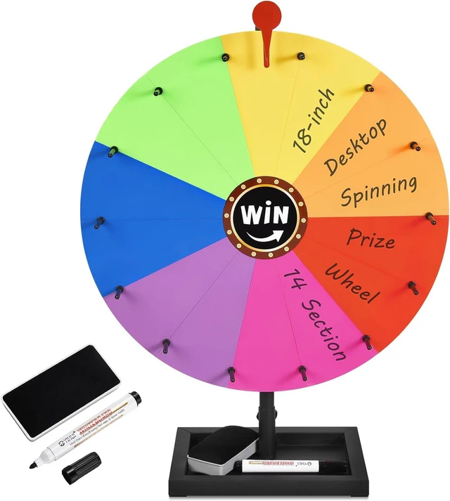 Main image of 18-inch Tabletop Prize Wheel, Prize Wheel Spinner with Stand & Storage Base, Featuring a Prize Wheel with 14 Customizable Color Sections. Suitable for Party Games, Family Games (Filled)