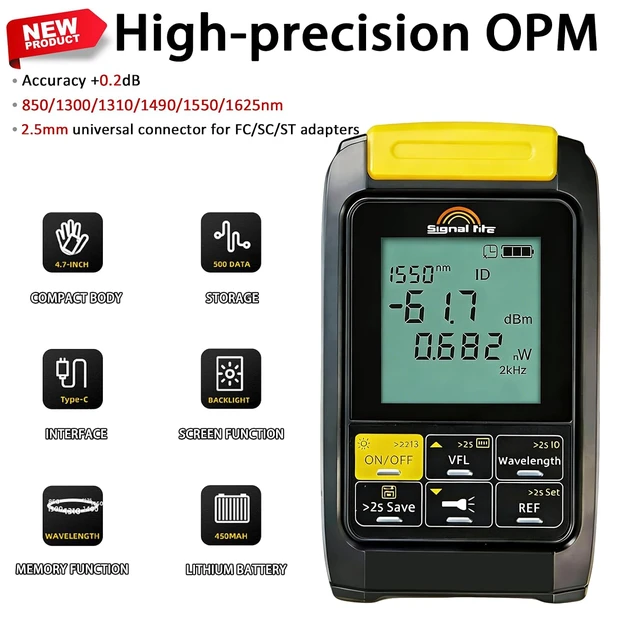 Alt view image 2 of 6 - 6 in 1 Fiber Optic Tester with Optical Power Meter,-50~+30dBm,VFL Function & RJ45 Cable Test, 8501625nm Multi-Wavelength, Type-C Rechargeable, 500 Data Storage, Backlight Display, Handheld Tool