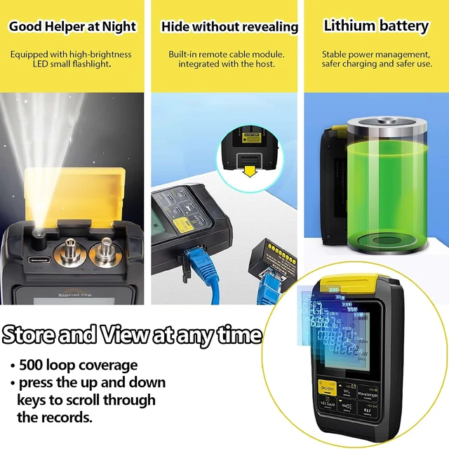 Alt view image 3 of 6 - 6 in 1 Fiber Optic Tester with Optical Power Meter,-50~+30dBm,VFL Function & RJ45 Cable Test, 8501625nm Multi-Wavelength, Type-C Rechargeable, 500 Data Storage, Backlight Display, Handheld Tool