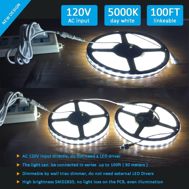Alt view image 2 of 7 - 120V Dimmable LED Strip Light 5000K Day White, Dimming by Wall Dimmer, No Need LED Driver, Waterproof IP65, 16.4FT Flexible Under Cabinet Cove Accent Light