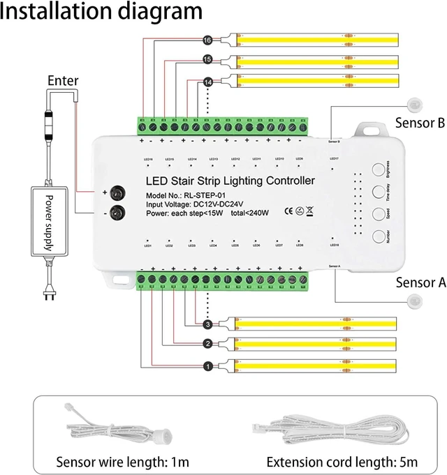 Alt view image 2 of 6 - 16 Channel LED Motion Sensor Stair Light Controller Automatic Stairway LED Controller Light Step Lighting Controller System Speed Brightness Adjustable (16 Channels)