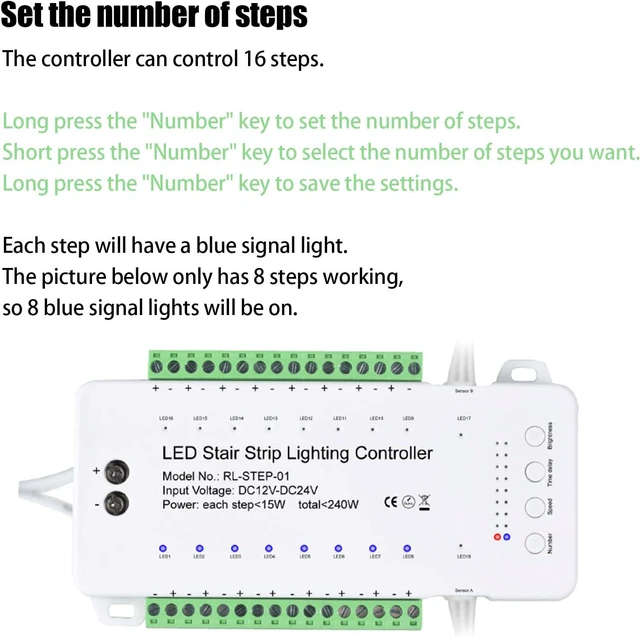 Alt view image 3 of 6 - 16 Channel LED Motion Sensor Stair Light Controller Automatic Stairway LED Controller Light Step Lighting Controller System Speed Brightness Adjustable (16 Channels)