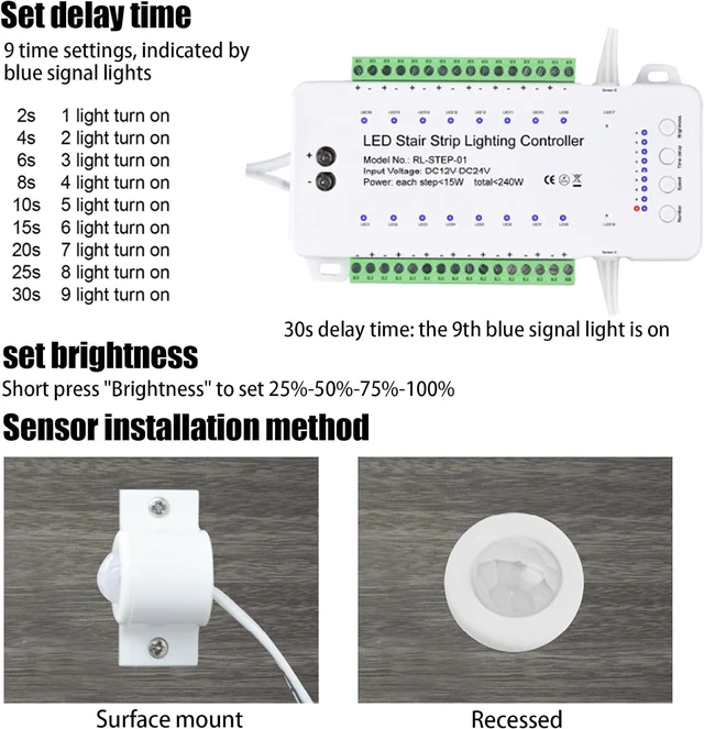 Alt view image 5 of 6 - 16 Channel LED Motion Sensor Stair Light Controller Automatic Stairway LED Controller Light Step Lighting Controller System Speed Brightness Adjustable (16 Channels)