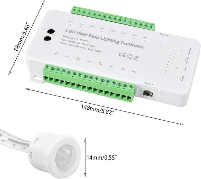 Alt view image 6 of 6 - 16 Channel LED Motion Sensor Stair Light Controller Automatic Stairway LED Controller Light Step Lighting Controller System Speed Brightness Adjustable (16 Channels)