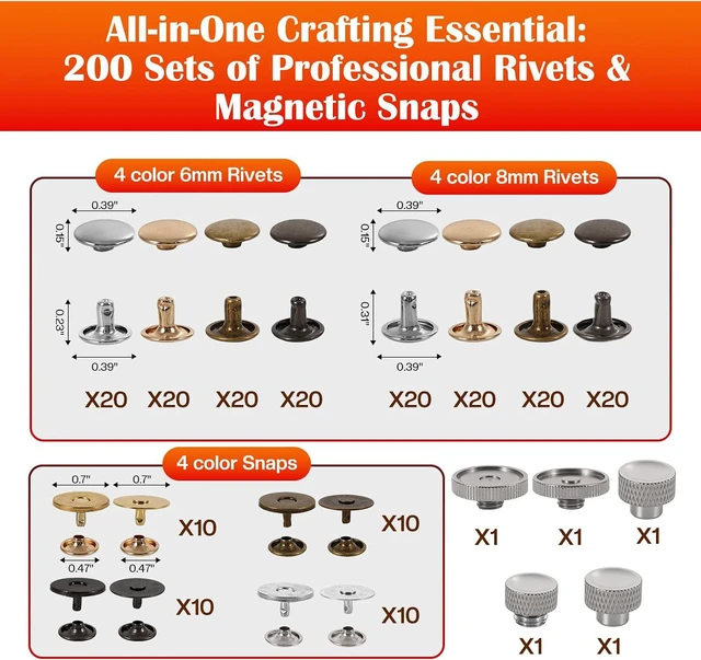 Alt view image 3 of 7 - Leather Rivets & Magnetic Snaps Fastener Kit with Installation Plier 160 Sets Double Cap Rivets and 40 Sets Magnetic Buttons for Leatherworking, Bag Repair, Belt Making, Boot Repair