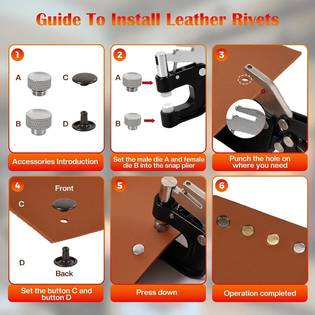 Alt view image 5 of 7 - Leather Rivets & Magnetic Snaps Fastener Kit with Installation Plier 160 Sets Double Cap Rivets and 40 Sets Magnetic Buttons for Leatherworking, Bag Repair, Belt Making, Boot Repair