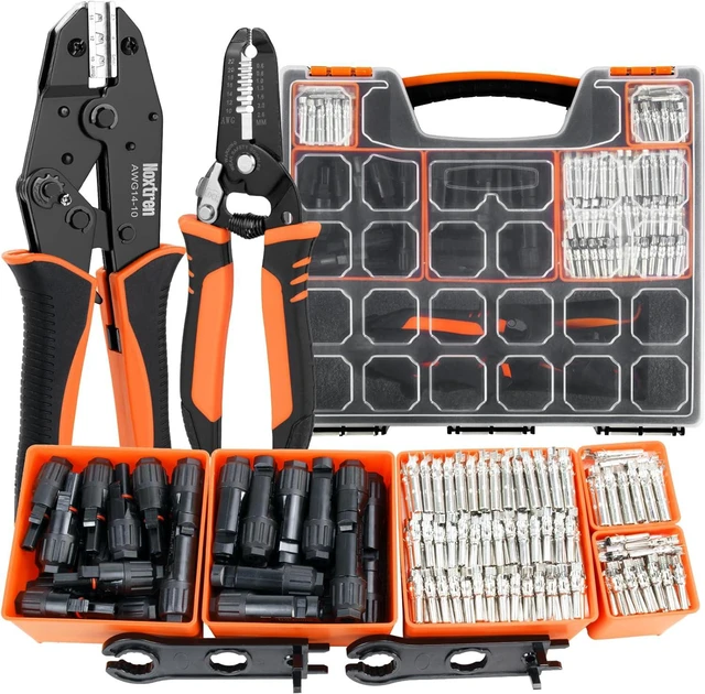 Main image of 30PCS Solar Crimper Tool Kit - Crimping Tool, Wire Stripper, 25 Pairs Solar Connectors, Suitcase, and 2 Spanner Wrenches for Solar Panel Cable Assembly