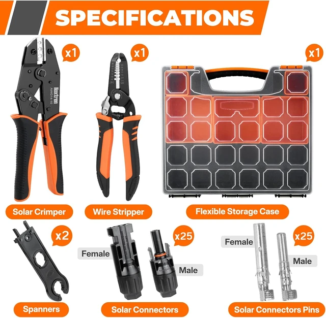 Alt view image 2 of 7 - 30PCS Solar Crimper Tool Kit - Crimping Tool, Wire Stripper, 25 Pairs Solar Connectors, Suitcase, and 2 Spanner Wrenches for Solar Panel Cable Assembly
