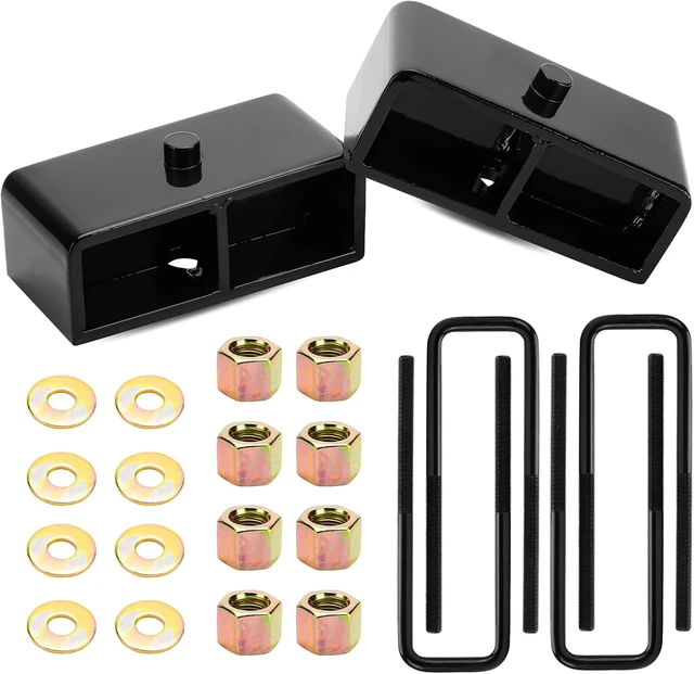 Main image of 1" Rear Leveling Lift Block Kit w/Extra Long Square Leaf Spring U-Bolts Fit for 1988-1999 Chevy GMC K1500, 1995-1999 Tahoe Suburban 1500, 1999-2020 Chevy Silverado 1500 GMC Sierra 1500, Set of 2