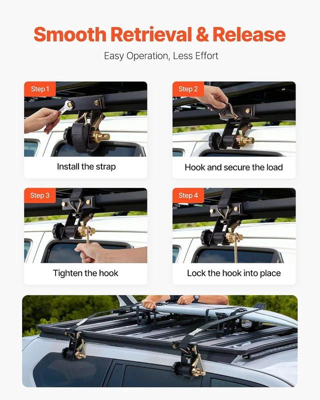 Alt view image 3 of 7 - Ladder Rack Ratchet Straps, 1.4" Black Square Tube Mount, 1.5'' Wide x 7.5' Long Black Ladder Rack Straps with Double J-Hooks, 500 lbs Load Heavy Duty, Cargo Buckle Lock Strap (4 Pack)