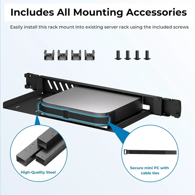 Alt view image 7 of 7 - Mini Rack Mount for Mac mini M1 M2, 19in 1U Hinged Server Rack Shelf, for All Mac mini M1 M2 Models, Mini PC Rack Mount for 19 inch Cabinet or Rack, with Cable Ties