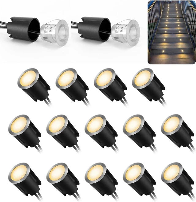 Main image of 16 Pack LED Recessed Deck Lights with Protecting Shell, IP68 Waterproof Warm White, 0.6W , Outdoor Landscape Lighting, 12V Low Voltage Deck Lights Kit for Garden Yard Step Riser Stair Decoration