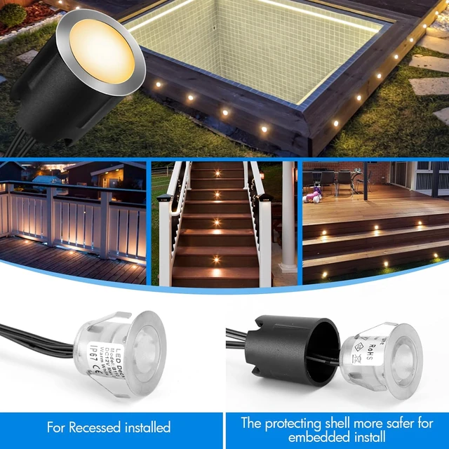 Alt view image 2 of 7 - 16 Pack LED Recessed Deck Lights with Protecting Shell, IP68 Waterproof Warm White, 0.6W , Outdoor Landscape Lighting, 12V Low Voltage Deck Lights Kit for Garden Yard Step Riser Stair Decoration