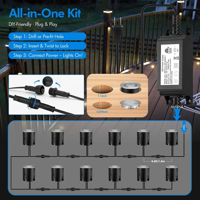 Alt view image 5 of 7 - 16 Pack LED Recessed Deck Lights with Protecting Shell, IP68 Waterproof Warm White, 0.6W , Outdoor Landscape Lighting, 12V Low Voltage Deck Lights Kit for Garden Yard Step Riser Stair Decoration