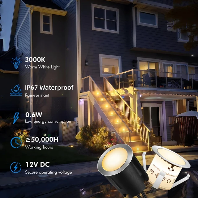 Alt view image 7 of 7 - 16 Pack LED Recessed Deck Lights with Protecting Shell, IP68 Waterproof Warm White, 0.6W , Outdoor Landscape Lighting, 12V Low Voltage Deck Lights Kit for Garden Yard Step Riser Stair Decoration
