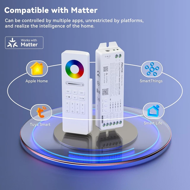 Alt view image 2 of 7 - Matter WiFi LED Controller Kit ML5 Compatible with Tuya APP/Homekit/Smart Life/Alexa/Google Home/Siri, DC12-48V Dimmable with RF Remote for Single Color/CCT/RGB/RGBW/RGBCCT LED Strip Lights