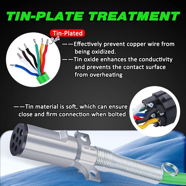 Alt view image 3 of 7 - 7-Way ABS Trailer Cord, 15FT Green Heavy Duty Pigtail Wire