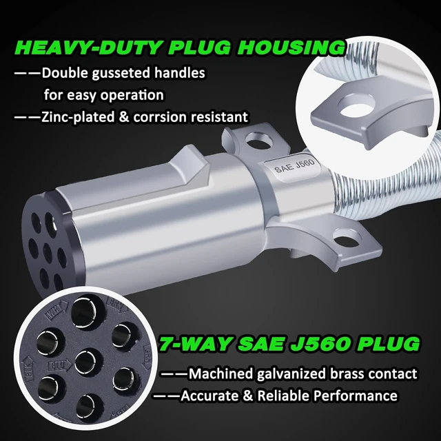Alt view image 6 of 7 - 7-Way ABS Trailer Cord, 15FT Green Heavy Duty Pigtail Wire