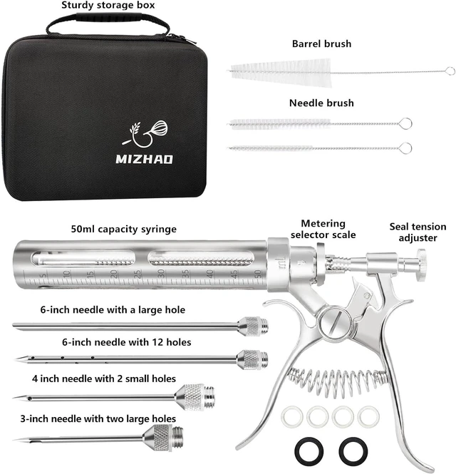 Alt view image 5 of 7 - Premium Meat Injector Kit - Stainless Steel Marinade Syringe with 4 Needles, Leak-Proof, Food-Grade Injector for BBQ, Turkey, Chicken, and Grilling9.15in
