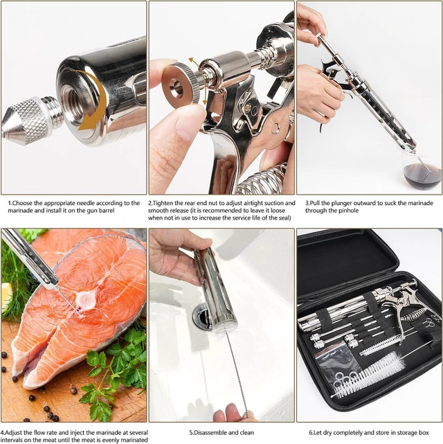 Alt view image 7 of 7 - Premium Meat Injector Kit - Stainless Steel Marinade Syringe with 4 Needles, Leak-Proof, Food-Grade Injector for BBQ, Turkey, Chicken, and Grilling9.15in