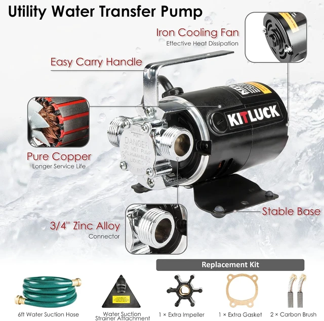 Alt view image 2 of 7 - Water Transfer Pump, 115V 1/10HP 330GPH Utility Water Pump Electric With 6ft Suction Hose Kit, Portable Small Water Pump For Pool Draining, Removing Water From Rain Barrel, Aquariums, etc.