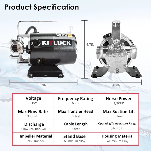 Alt view image 3 of 7 - Water Transfer Pump, 115V 1/10HP 330GPH Utility Water Pump Electric With 6ft Suction Hose Kit, Portable Small Water Pump For Pool Draining, Removing Water From Rain Barrel, Aquariums, etc.