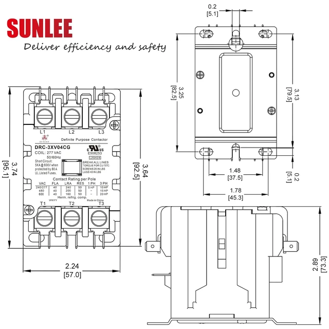 Alt view image 4 of 4 - 3 Pole 40 Amp contactor 277V Coil UL DP Contactor HVAC Contactor A2L Compliant 42CF35AL Equivalent Lighting contactor