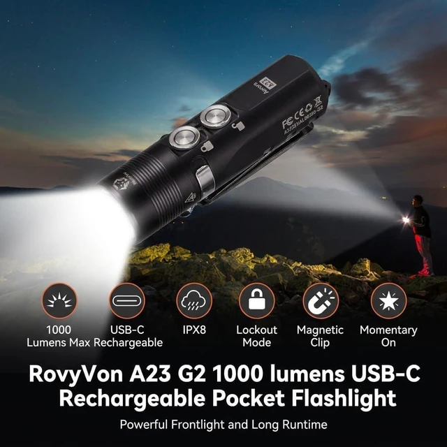 Alt view image 6 of 7 - Aurora A23 Small Keychain Flashlight 1,000 Lumens Super Bright with Magnetic Pocket Clip, USB-C Rechargeable, IPX8 Waterproof Metal Mini LED Keyring Flashlight, EDC Emergency Tool(Black)
