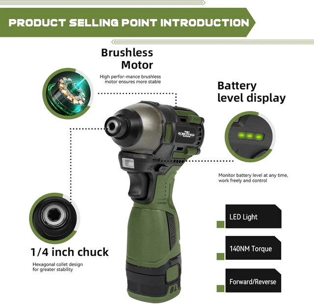 Alt view image 6 of 7 - 17V Brushless Screwdriver, 140Nm Cordless Impact Driver Set with 3 Adjustable Speed, 2 Batteries and Led Work Light