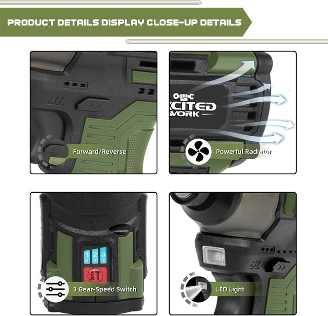Alt view image 7 of 7 - 17V Brushless Screwdriver, 140Nm Cordless Impact Driver Set with 3 Adjustable Speed, 2 Batteries and Led Work Light