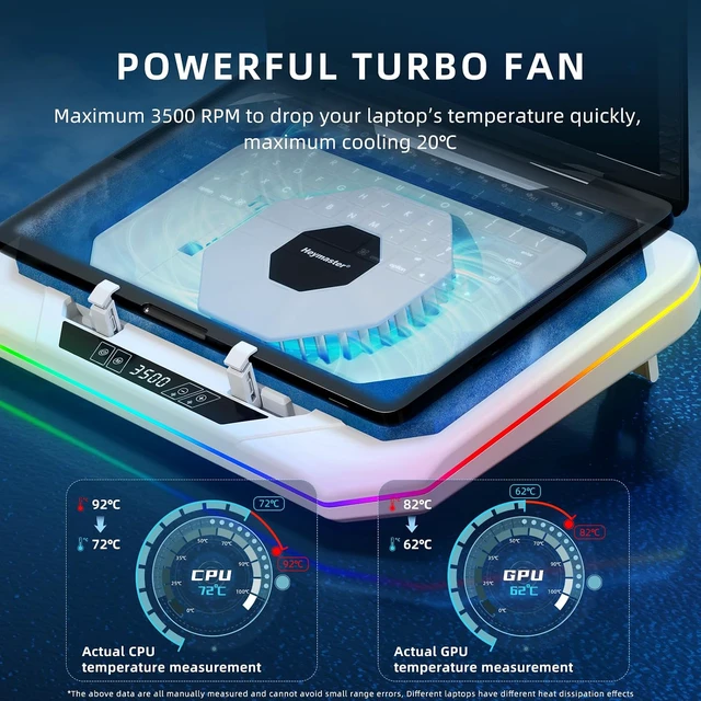 Alt view image 2 of 7 - RGB Laptop Cooling Pad with LED Touch Screen, 3500 RPM Turbofan Notebook Cooler for 12-21 Inch Gaming Laptops, 3-Port USB Hub, Adjustable Stand to Prevent Overheating & Boost Performance