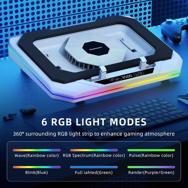 Alt view image 4 of 7 - RGB Laptop Cooling Pad with LED Touch Screen, 3500 RPM Turbofan Notebook Cooler for 12-21 Inch Gaming Laptops, 3-Port USB Hub, Adjustable Stand to Prevent Overheating & Boost Performance