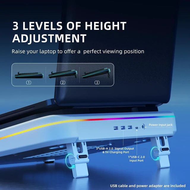 Alt view image 5 of 7 - RGB Laptop Cooling Pad with LED Touch Screen, 3500 RPM Turbofan Notebook Cooler for 12-21 Inch Gaming Laptops, 3-Port USB Hub, Adjustable Stand to Prevent Overheating & Boost Performance