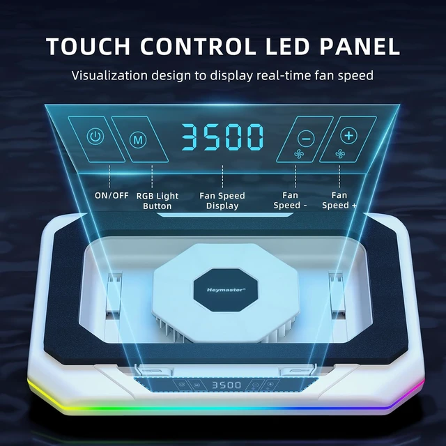 Alt view image 6 of 7 - RGB Laptop Cooling Pad with LED Touch Screen, 3500 RPM Turbofan Notebook Cooler for 12-21 Inch Gaming Laptops, 3-Port USB Hub, Adjustable Stand to Prevent Overheating & Boost Performance