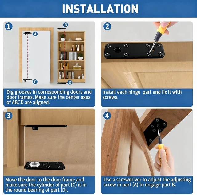Alt view image 7 of 7 - Heavy Duty Pivot Hinge Hidden Door Hinge - 570 LBS Load, Bearing, Stainless Steel, Rust Resistant, Concealed for Wood Doors, Secret Doors, Hidden Door, Bookcase Door and Bookshelf Door Black