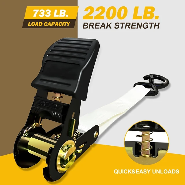 Alt view image 3 of 7 - Heavy Duty 1" x 15' Ratchet Straps (4 Pack) - 2200 lb Break Strength with Soft Loops & Coated S-Hooks for Truck, Trailer, Motorcycle, ATV, UTV, Boat, Car Accessories (White)