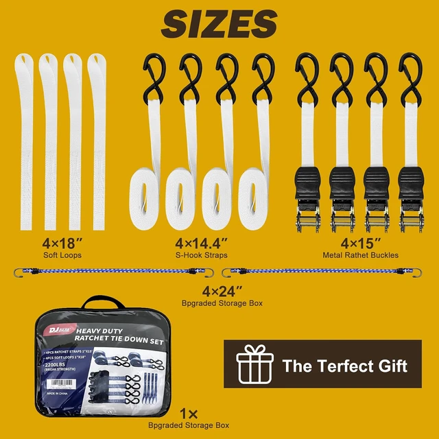 Alt view image 4 of 7 - Heavy Duty 1" x 15' Ratchet Straps (4 Pack) - 2200 lb Break Strength with Soft Loops & Coated S-Hooks for Truck, Trailer, Motorcycle, ATV, UTV, Boat, Car Accessories (White)