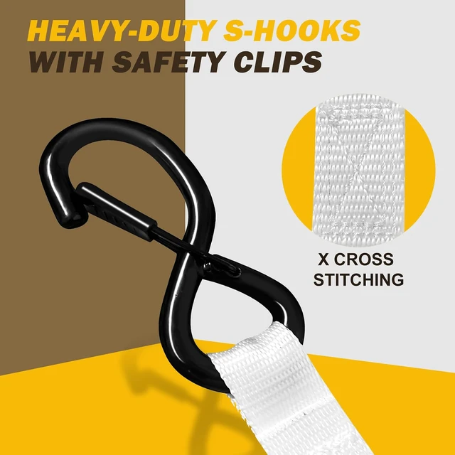 Alt view image 5 of 7 - Heavy Duty 1" x 15' Ratchet Straps (4 Pack) - 2200 lb Break Strength with Soft Loops & Coated S-Hooks for Truck, Trailer, Motorcycle, ATV, UTV, Boat, Car Accessories (White)