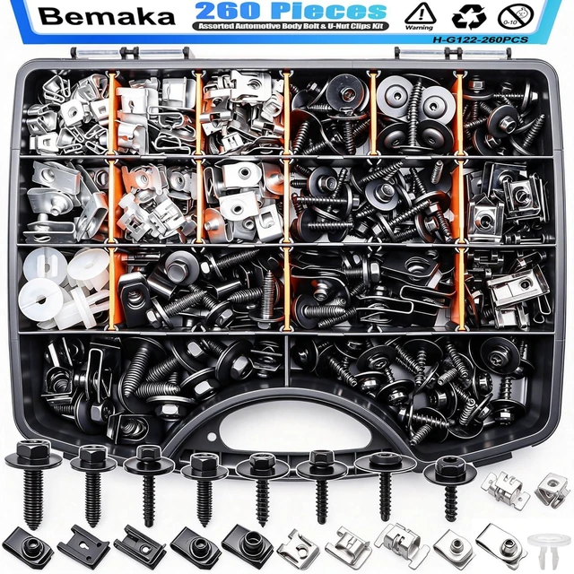 Main image of 260Pcs U Nut Clips and Automotive Fender Bolts Kit, Car Body Screws U Clips, Replacement Fasteners for Bumper, Fender Liner, Engine Splash Shield, Wheel Well, Trim Panels, M4.2 M6 M8 1/4 Inch